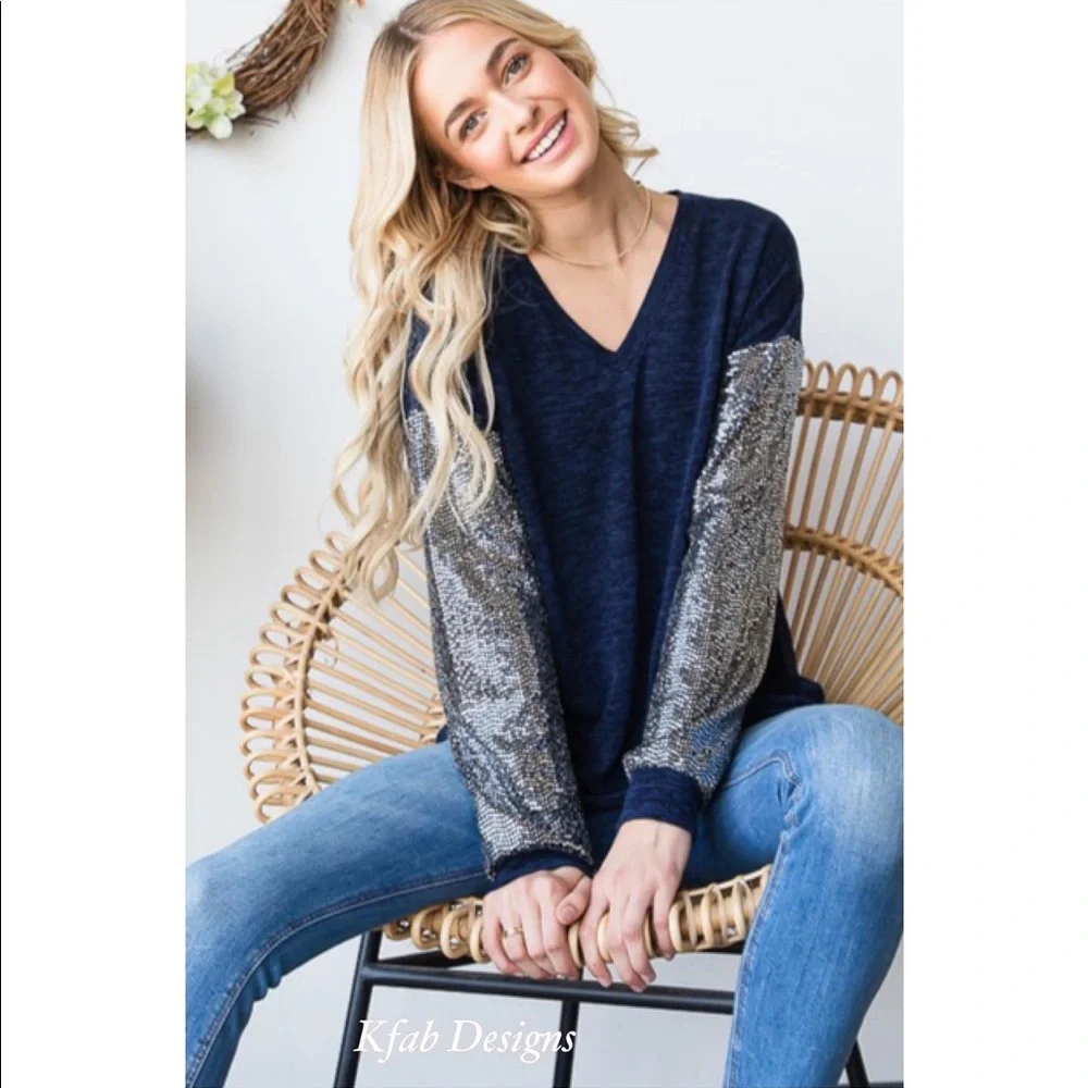 ❤️LAST! V Neck Midnight Blue Super Soft Sequin Sleeve Top! - Picture 2 of 16